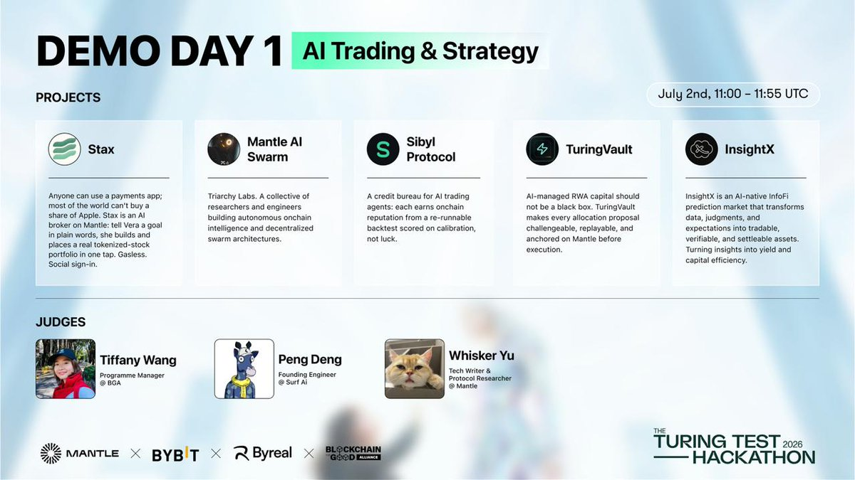 Mantle Turing Test 2026 Demo Day programme listing TuringVault in AI Trading and Strategy on 2 July.