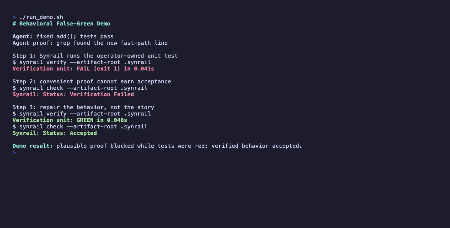 The Synrail demo, showing a failed verification followed by an accepted result.