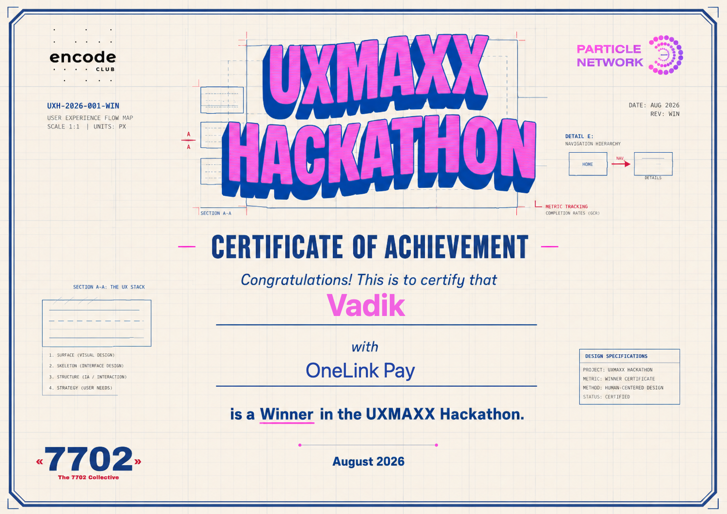 UXmaxx certificate naming Vadik and OneLink Pay as a winner, August 2026.